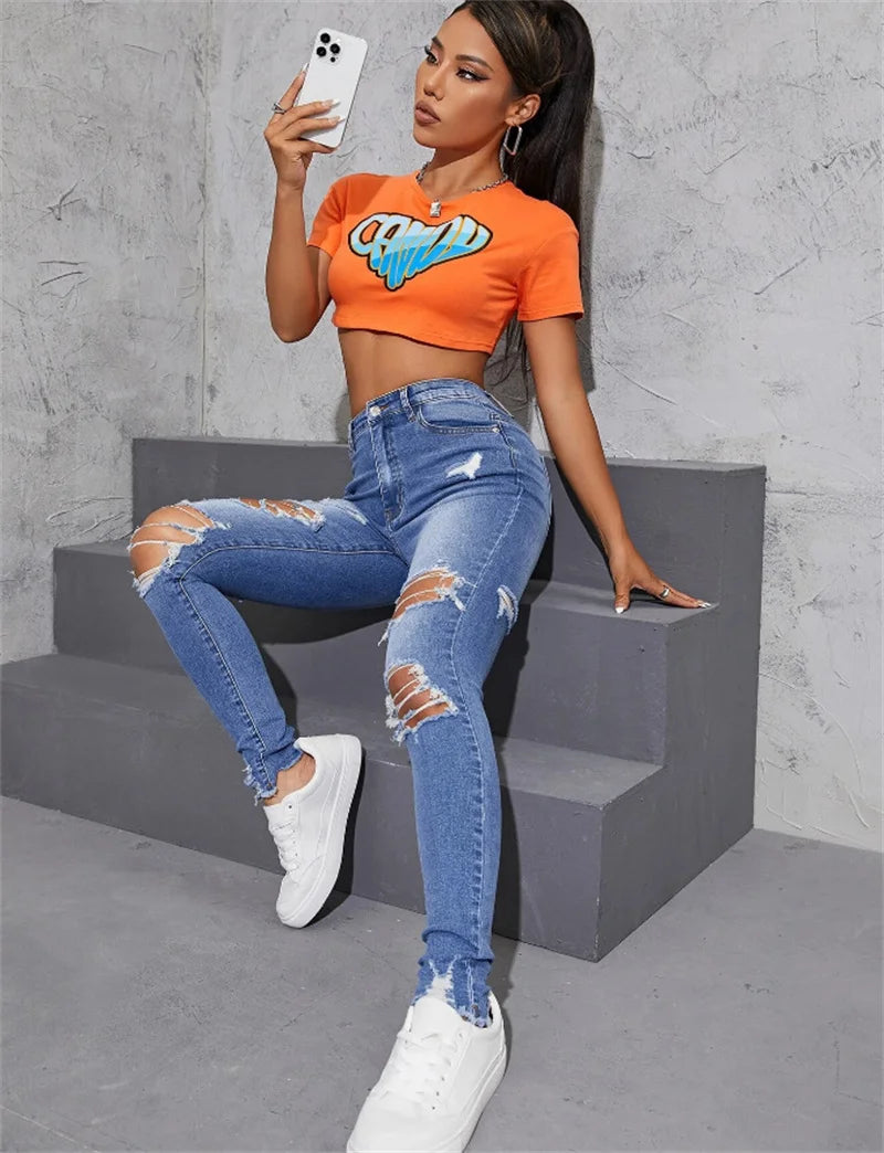 Hot Sale Women'S Ripped Skinny Jeans Fashionable 