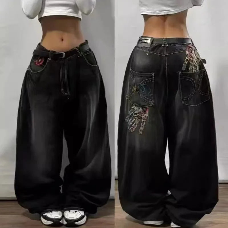 American Retro Cleanfit Fashion Print Baggy Jeans Women'S Y2K Popular Casual Joker Gothic High Waist Wide-Leg Pants Street Wear