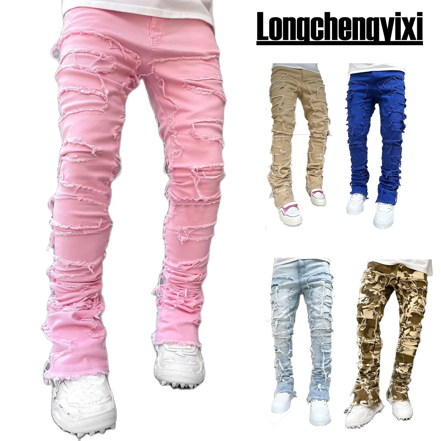 Men'S Regular Fit Stacked Jeans Ripped Slim Fit Patch 