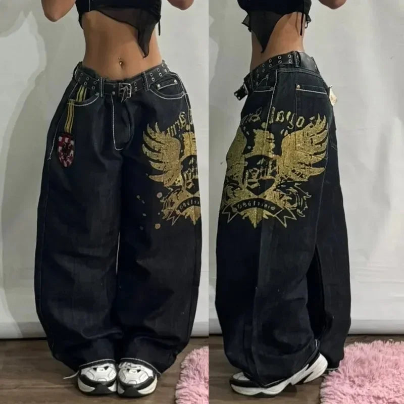 American Retro Cleanfit Fashion Print Baggy Jeans Women'S Y2K Popular Casual Joker Gothic High Waist Wide-Leg Pants Street Wear