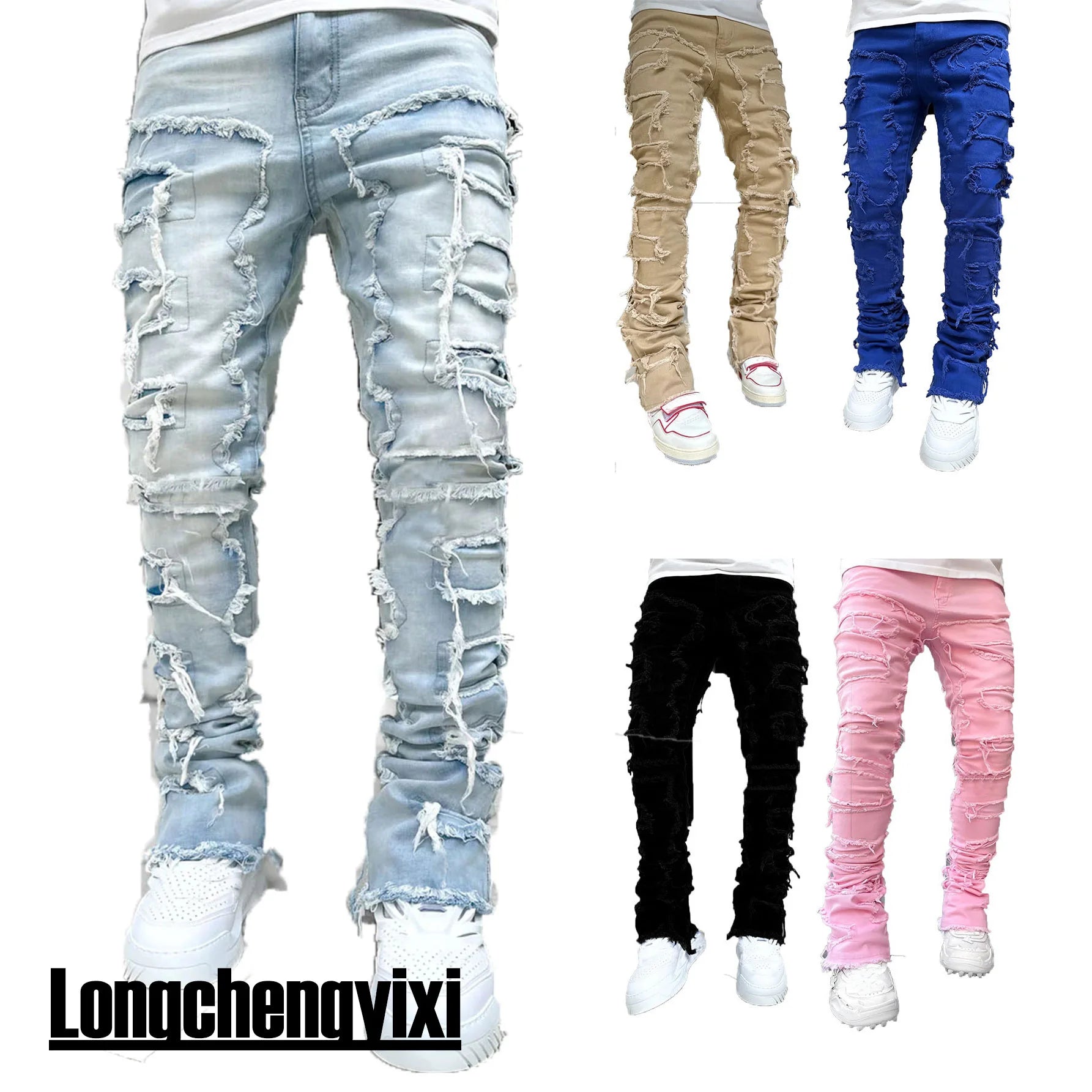 Men'S Regular Fit Stacked Jeans Ripped Slim Fit Patch 