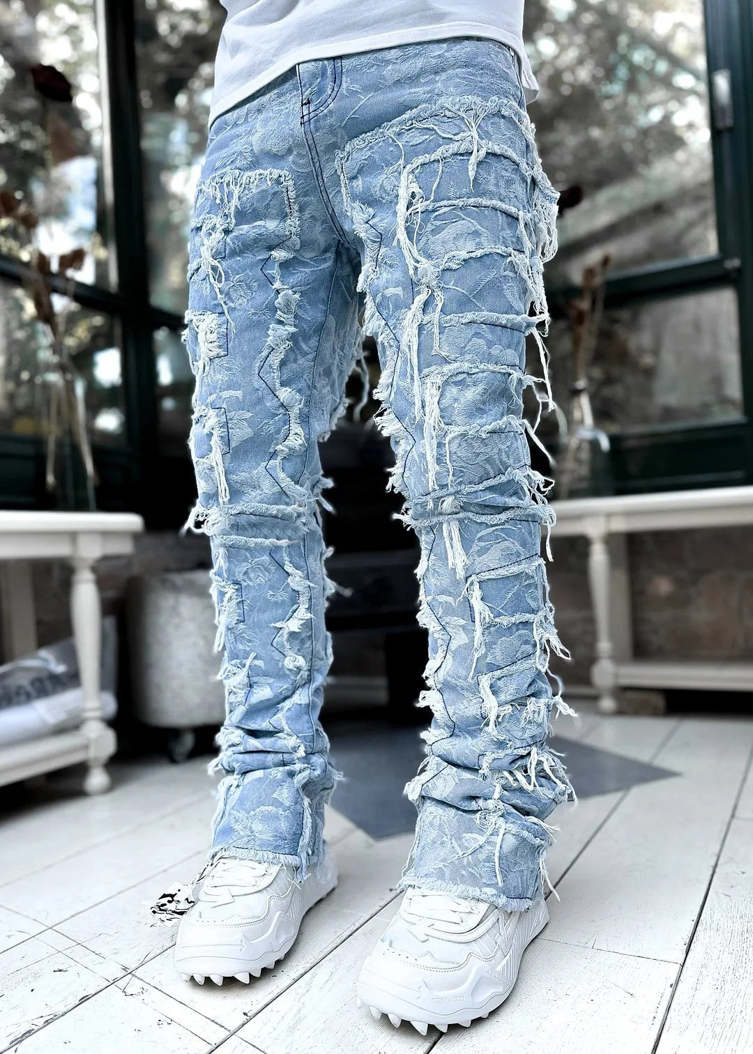 Men'S Regular Fit Stacked Jeans Ripped Slim Fit Patch 