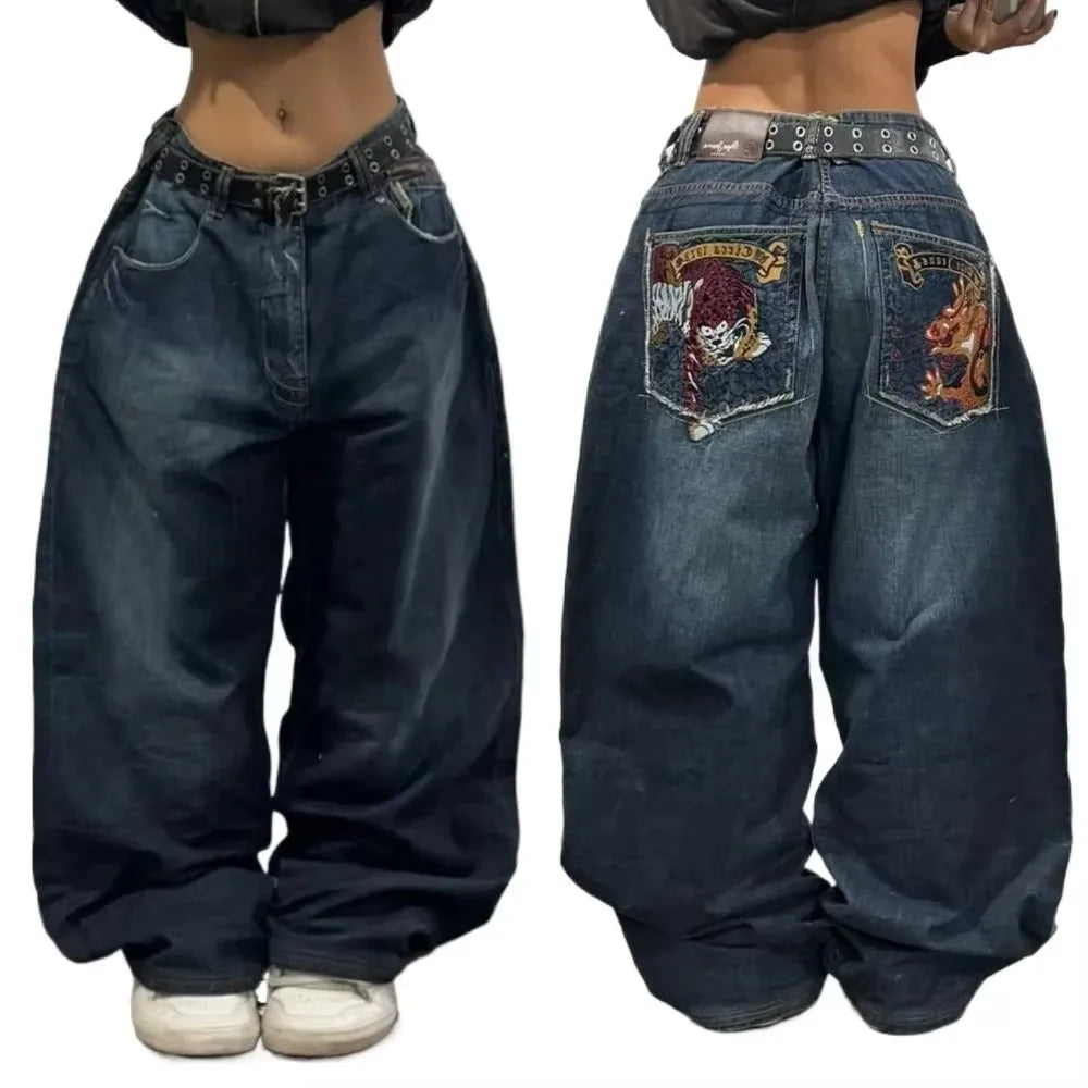 American Retro Cleanfit Fashion Print Baggy Jeans Women'S Y2K Popular Casual Joker Gothic High Waist Wide-Leg Pants Street Wear