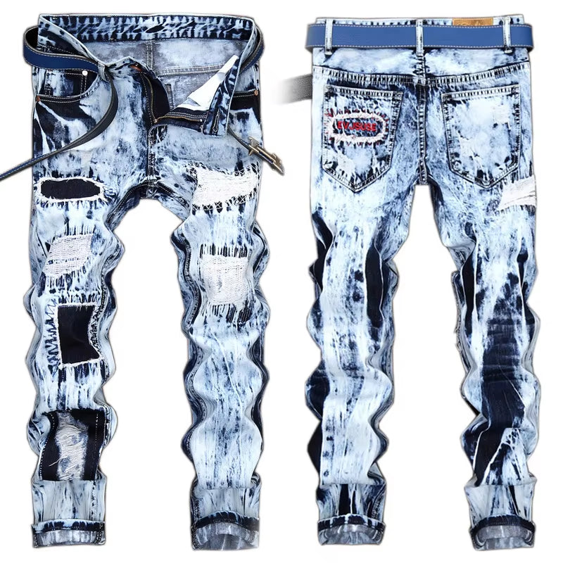 Patchwork Jeans Denim Straight Large Size Men'S European and Tide Pants Light Color American Embroidery Hole Stitching